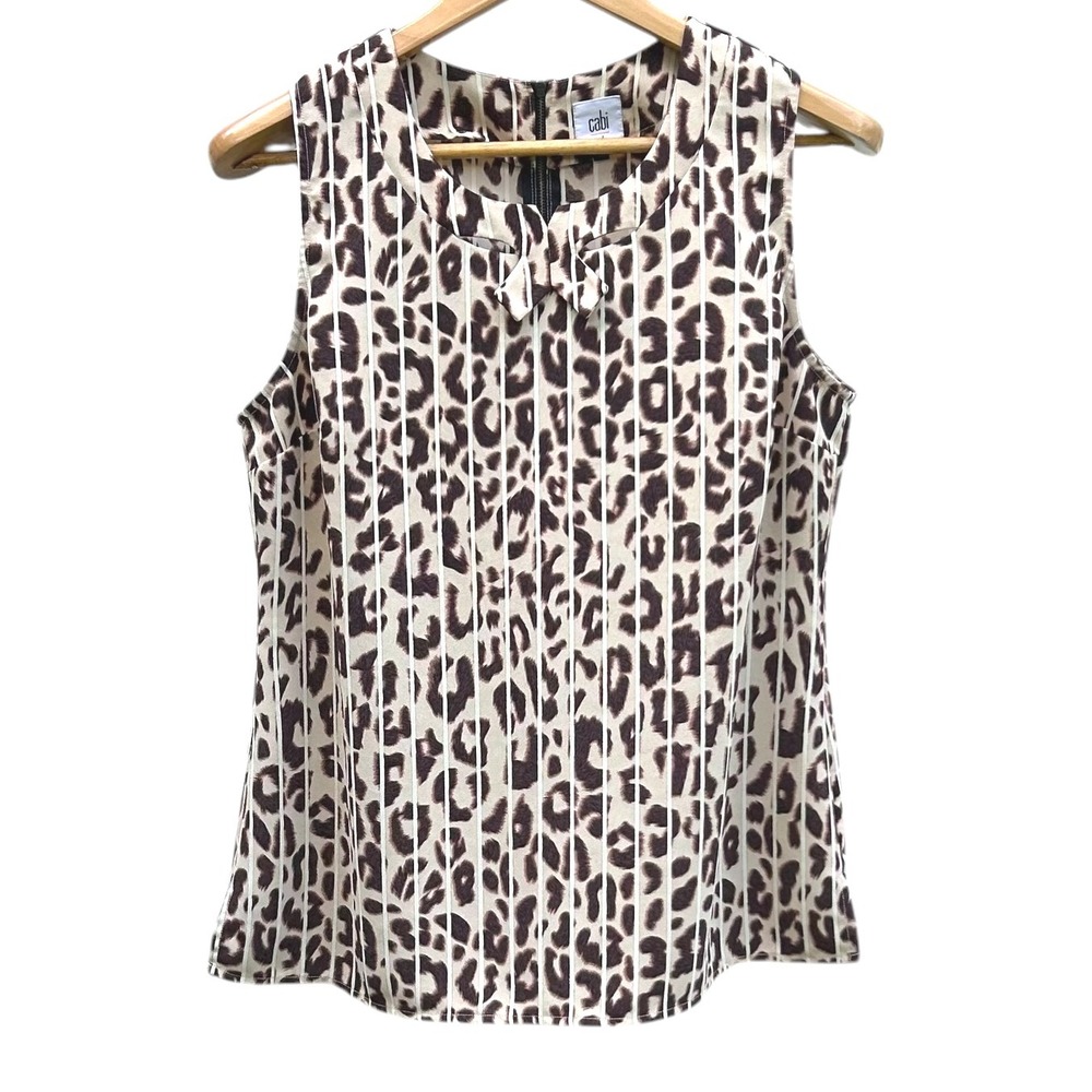 Cabi Animal Print Sleeveless Top Bow Accent Beige‎ Brown Striped Detail Size Med